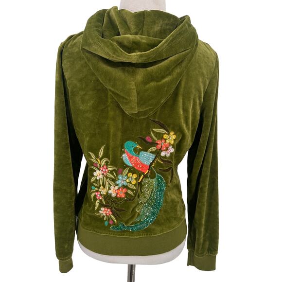 BCBGMaxazria Velour Green Floral Bird Embroidery Zip Up Jacket Petite Large - Picture 4 of 8